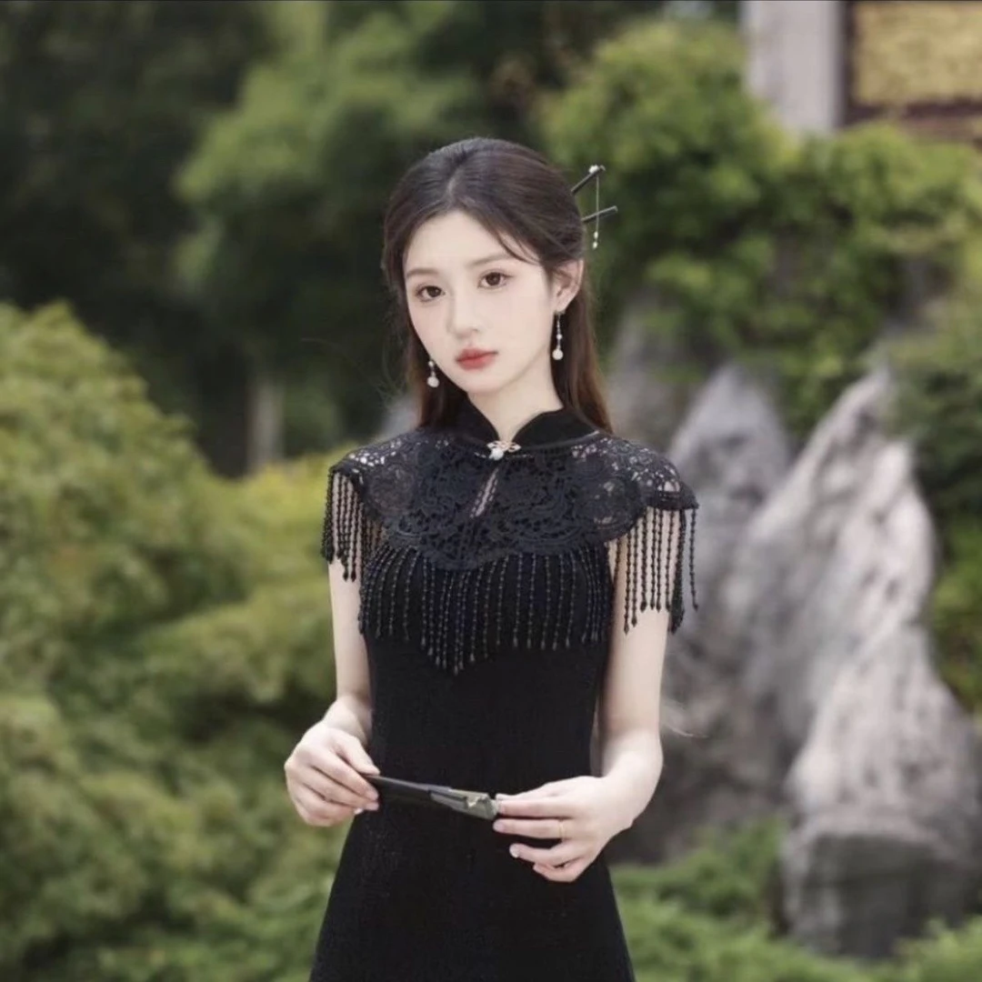 新款珍珠流苏云肩搭配旗袍披肩外搭新中式蕾丝优雅高品质年轻款