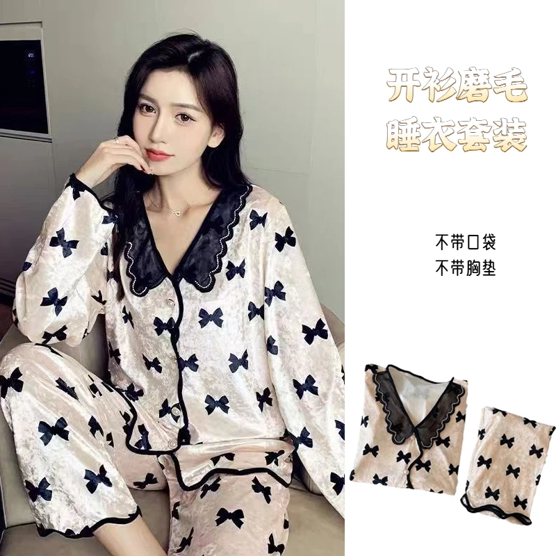 秋冬季金钻绒新款磨毛睡衣女奢华纯欲宫廷风金丝绒休闲家居服套装