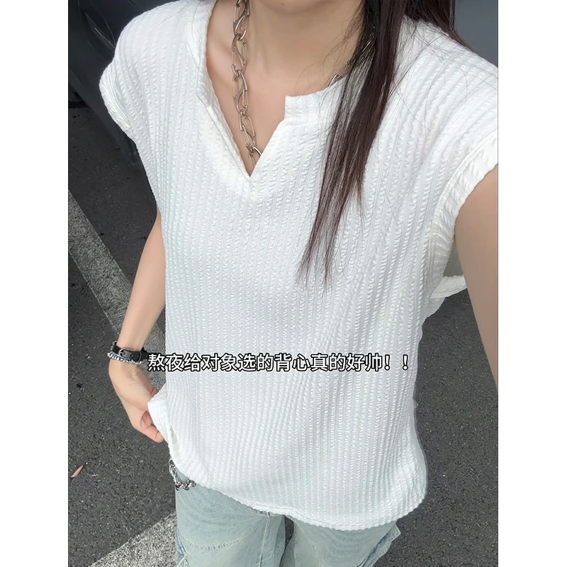 美式v领褶皱背心男款夏季潮牌肌理感无袖t恤宽松cleanfit运动看见