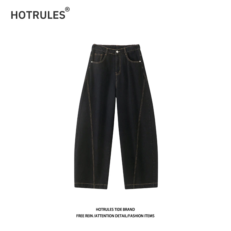 HOTRULES美式复古做旧明线弯刀牛仔裤男女新款宽松直筒水洗裤子