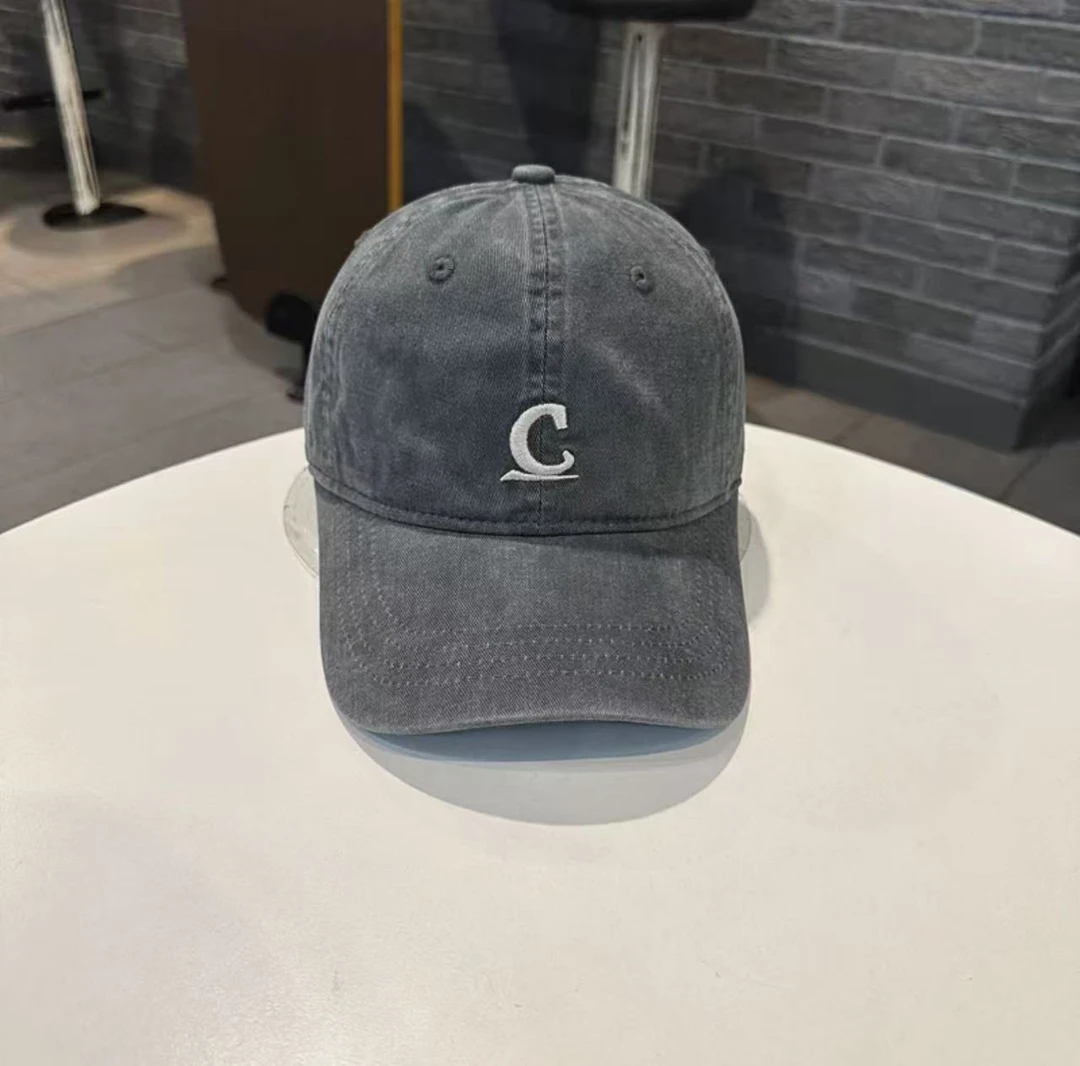 SY~"C"字母韩版水洗棉软顶棒球帽男女百搭显脸小遮阳鸭舌帽