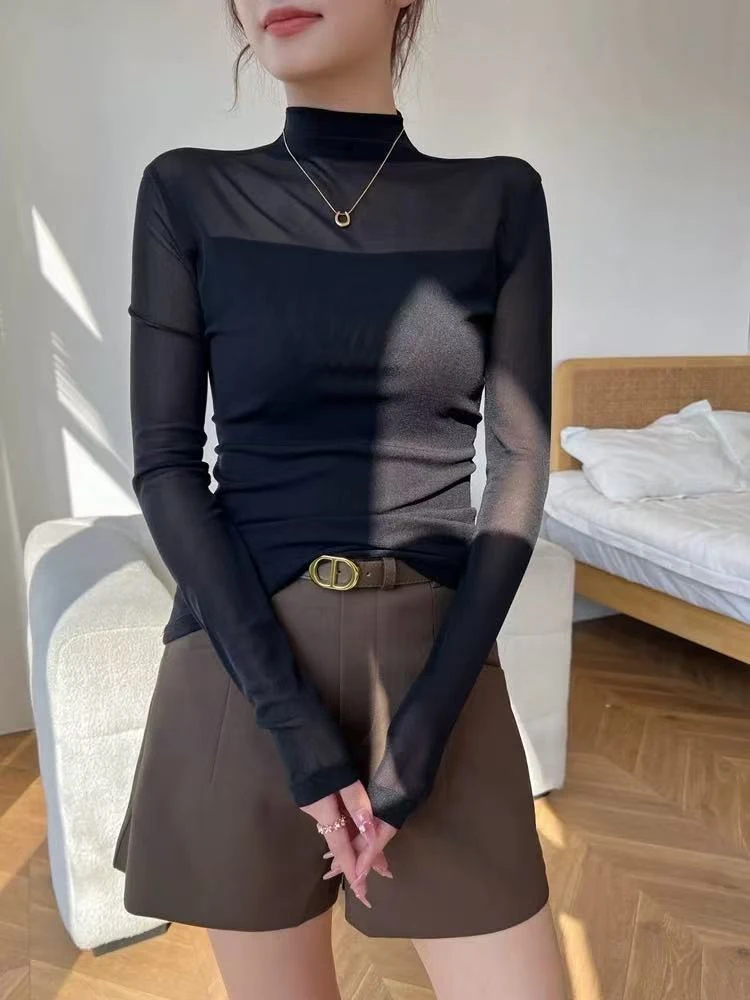 张金家高弹力百搭秋冬款气质女人味丝绒打底衫上衣01款