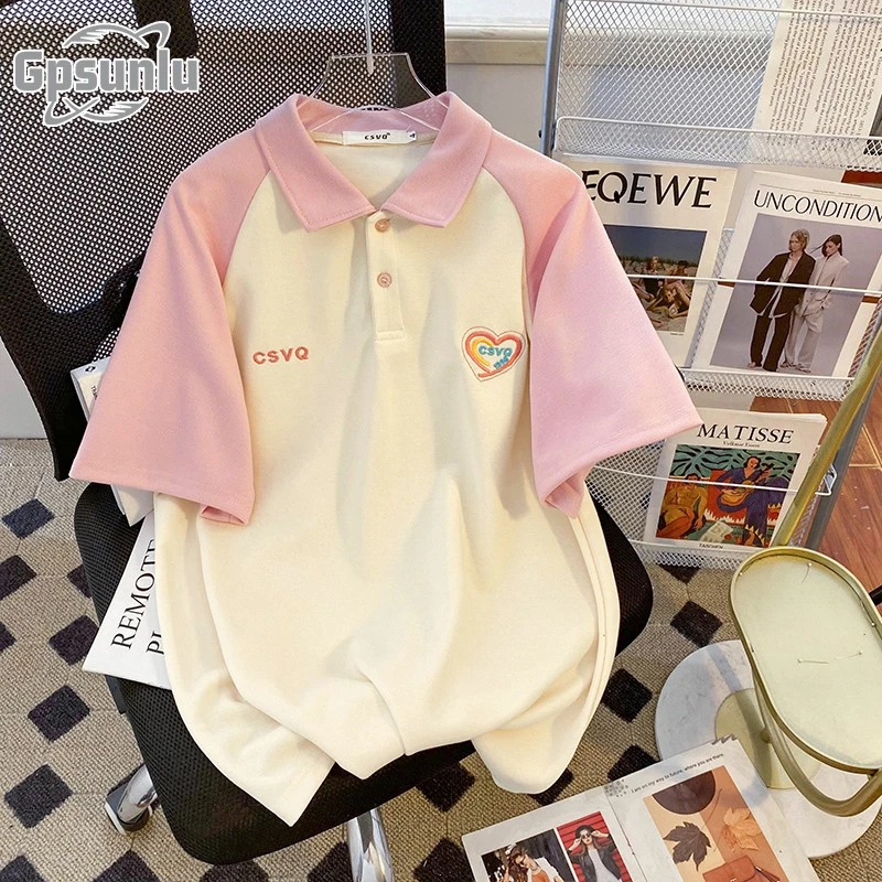 gpsunlu爱心刺绣粉色领短袖恤女夏季甜美拼色插肩袖春秋长袖t恤