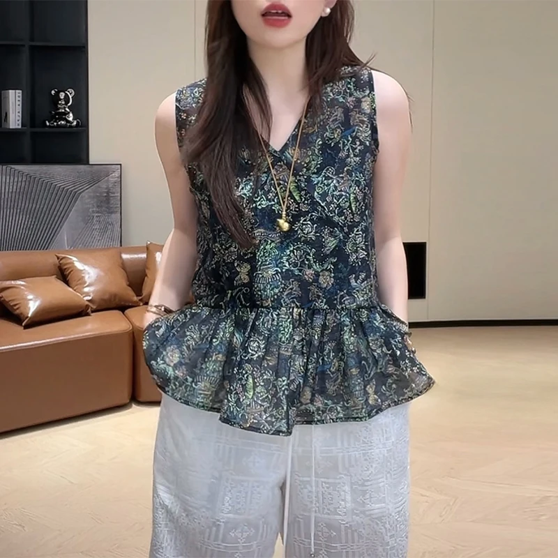 2025夏季新款韩版时尚花色设计感无袖V领衬衫女小众休闲百搭上衣