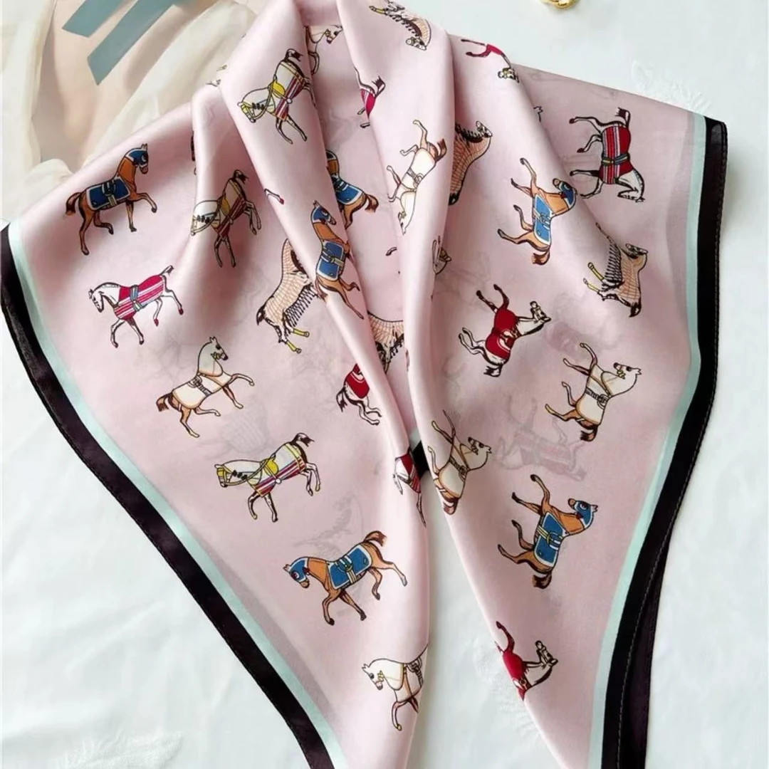 【粉色小马】65cm100％桑蚕丝12姆米素绉缎中方巾夏季白色围巾