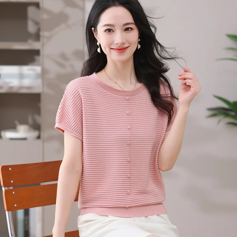 圆领打底衫女装短袖夏季纽扣落肩袖坑条针织百搭时尚减龄纯色上衣