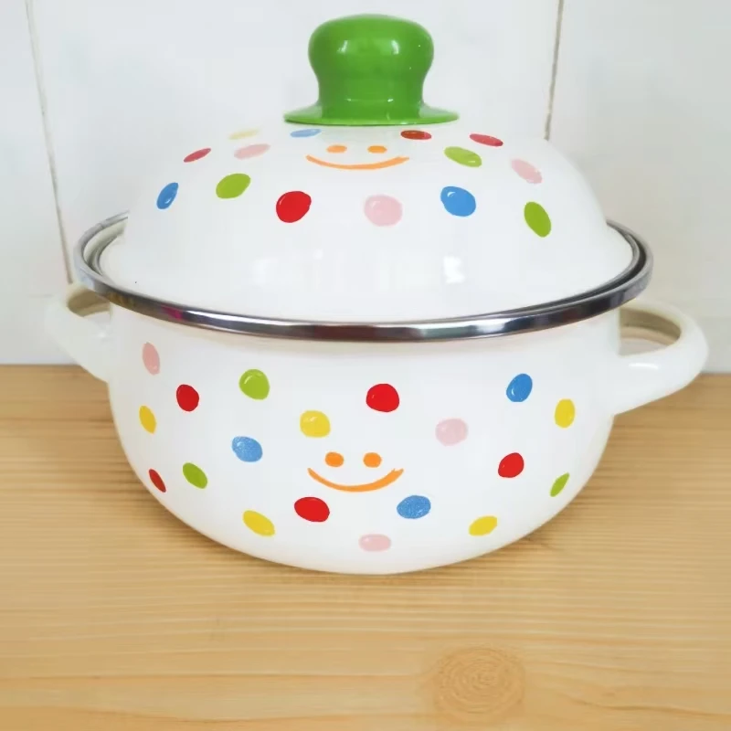 搪瓷锅 双耳带盖锅 宝宝辅食碗 波点甜品碗 迷搪瓷小锅 可加热