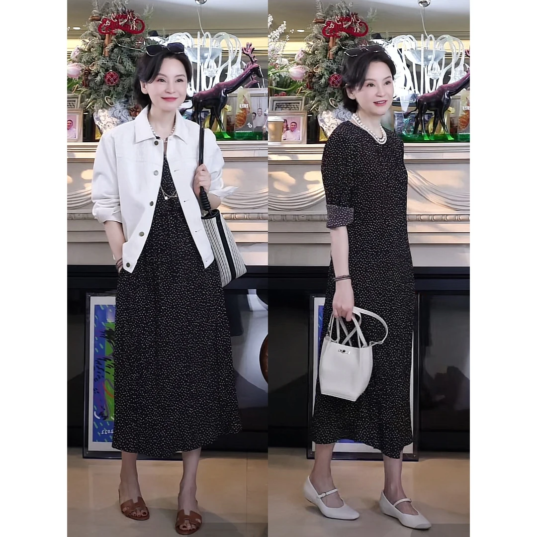 我是摩羯 初夏 益彩压褶工艺不规则波点印花夏H型连衣裙