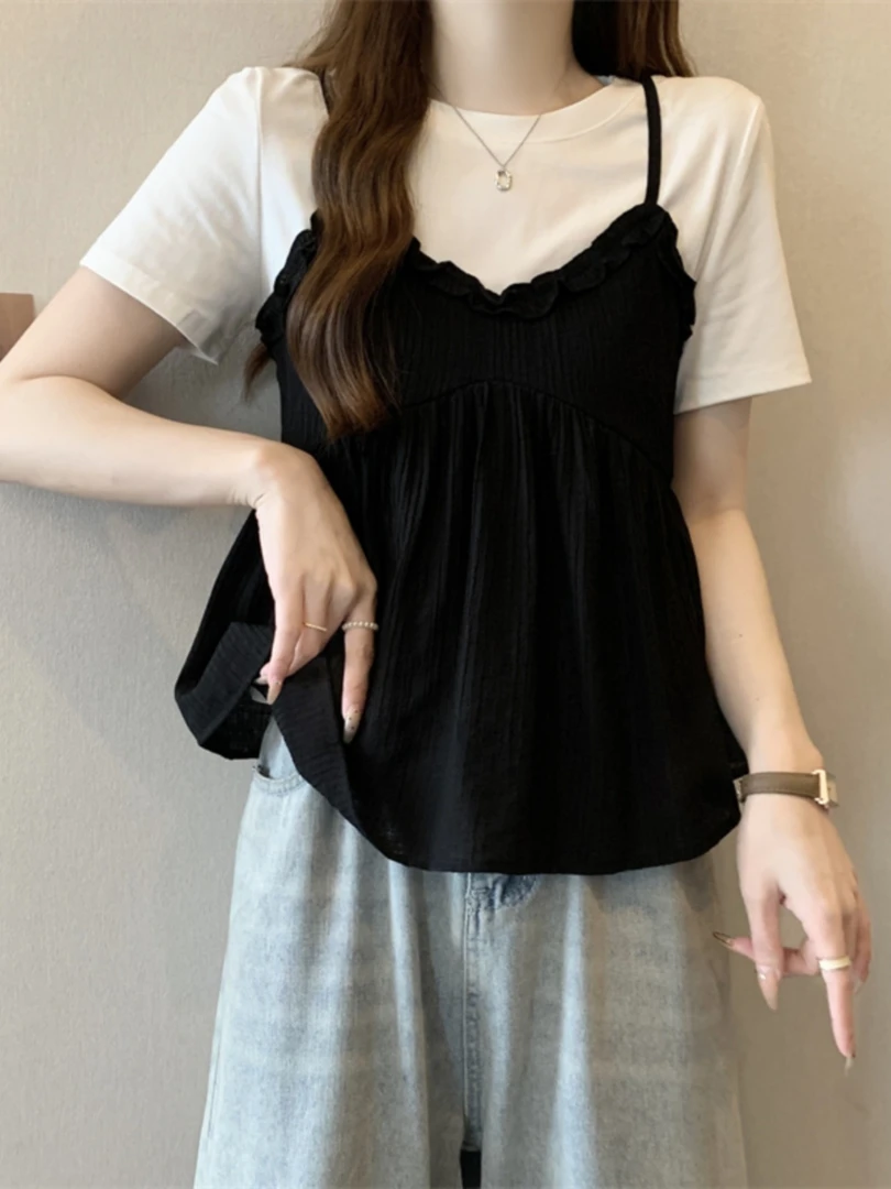 纯欲慵懒设计感撞色吊带短袖T恤女夏季遮肉显瘦上衣韩系两件套装