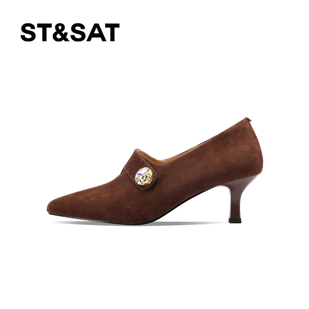 St&Sat星期六深口羊反绒单鞋百搭舒适时装鞋一脚蹬尖头细跟高跟鞋