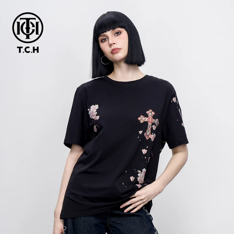 TCH2025夏季新款暗黑甜酷烫钻半袖宽松休闲百搭短袖T恤男女同款女