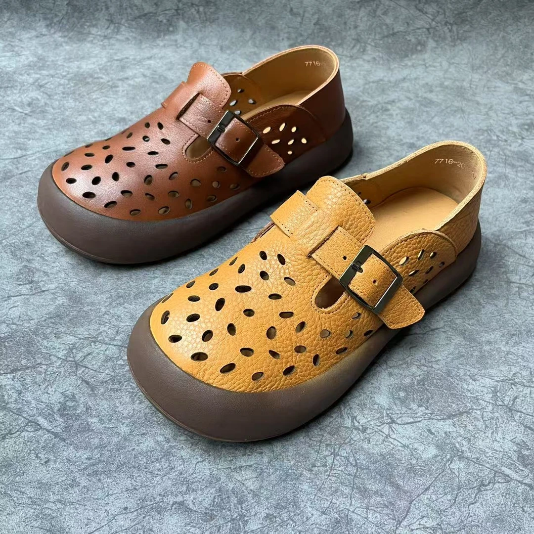 7716-20新品复古肘尚牛皮厚底打孔圆头舒适百搭休闲女鞋夏季时尚