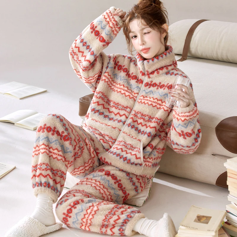 【莎粒绒系列】时尚立领复古费尔岛睡衣秋冬可外穿女士法兰绒家居服