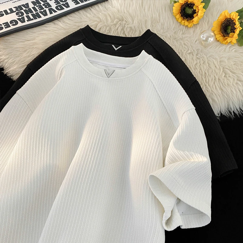 2025 夏季新款港风大码蛇形布V领T恤休闲百搭情侣半袖宽松ins圆领