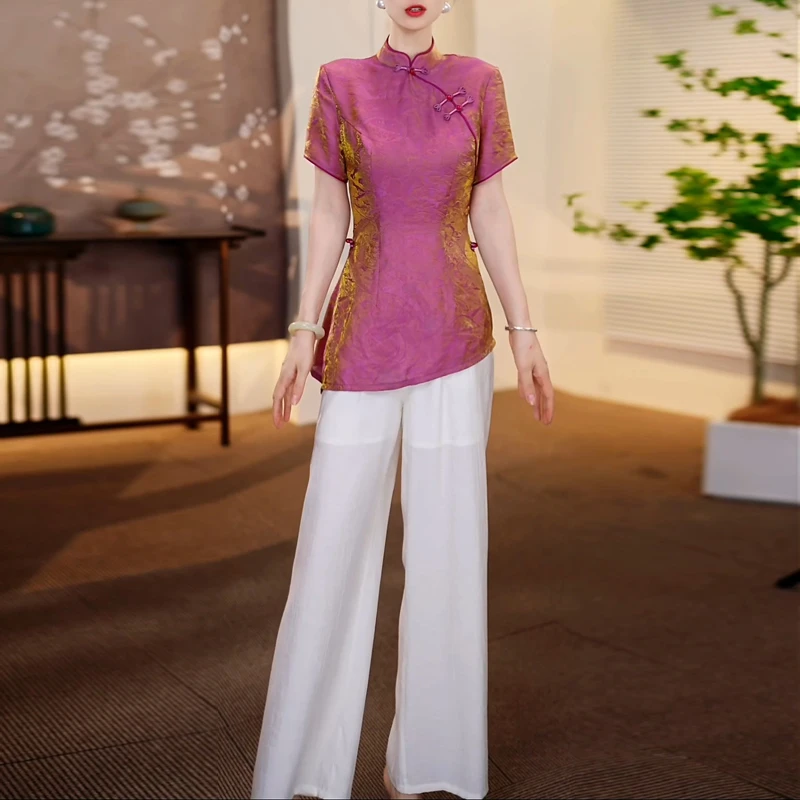 高端时尚国风复古中式上衣阔腿裤两件套女2025年夏季高贵妈妈套装