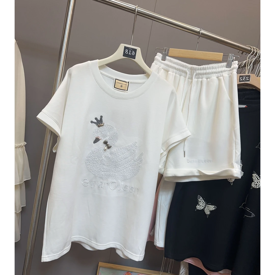 Cherryjar【618】显瘦百搭纯色套装天鹅刺绣短袖短款套装时尚减龄