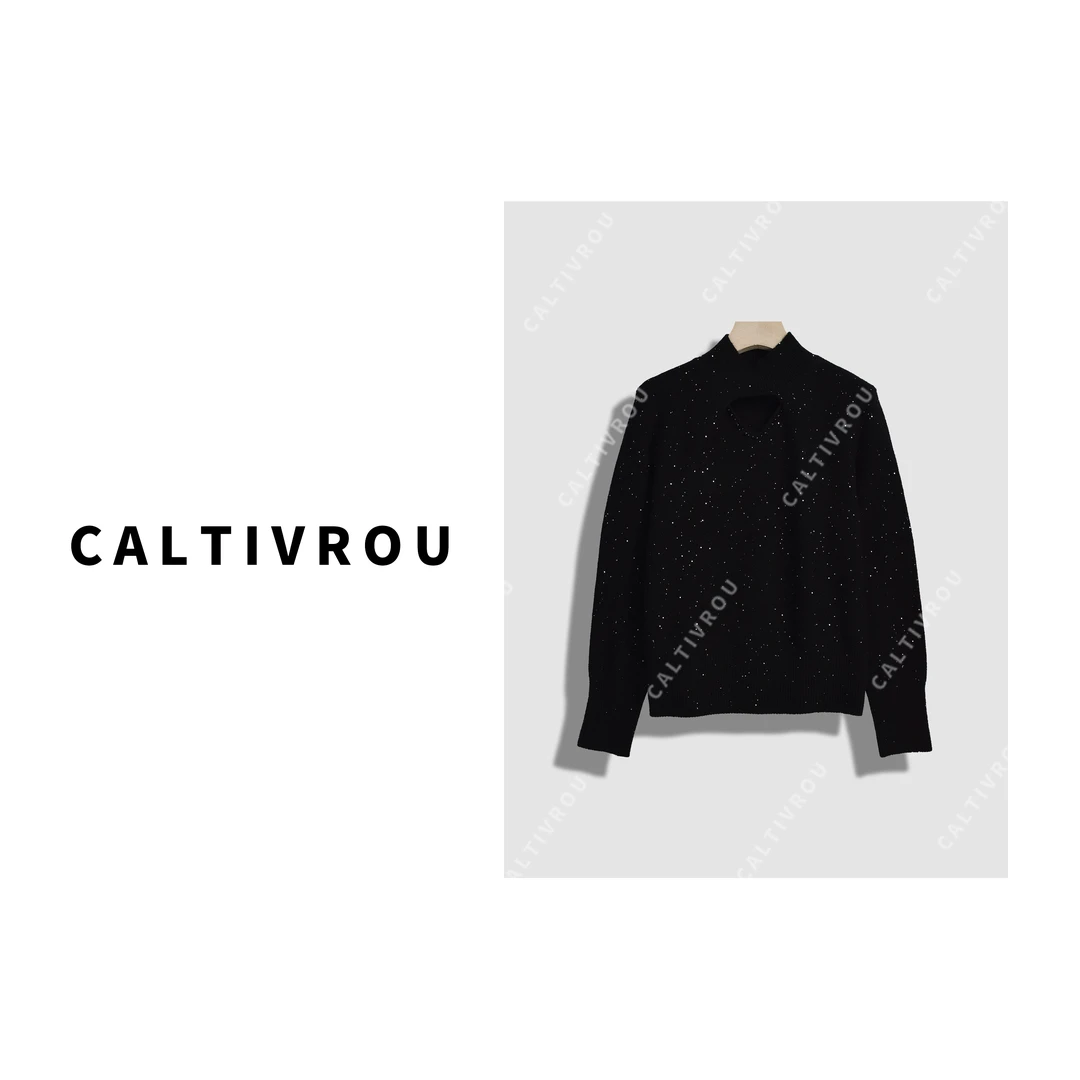 Caltivrou寻梦山茶~半高领钉珠镂空针织上衣-Y14482