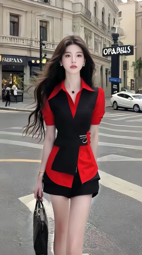 夏季温柔知性风设计感衬衫领修身收腰短袖红色两件套女气质女装