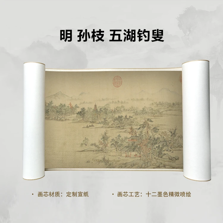 明 孙枝 五湖钓叟手卷国画微喷客厅背景高清复刻精装裱卷轴