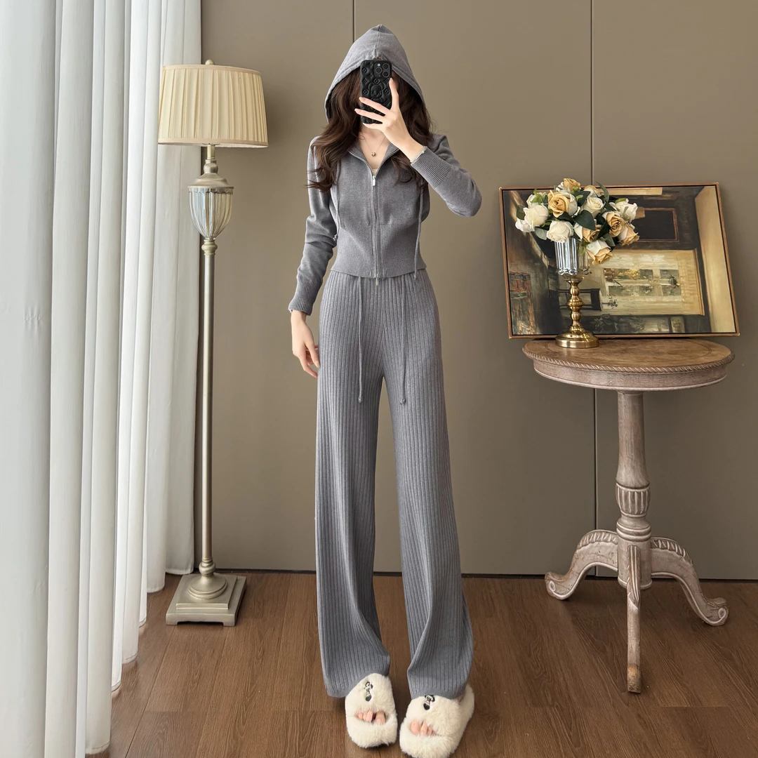 休闲百搭风连帽收腰针织开衫长裤秋季新款修身辣妹显瘦套装