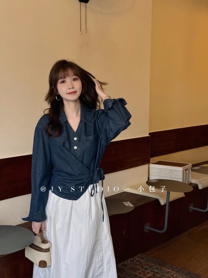 小包子【不规则绑带牛仔衬衫】设计感翻领上衣春季新款