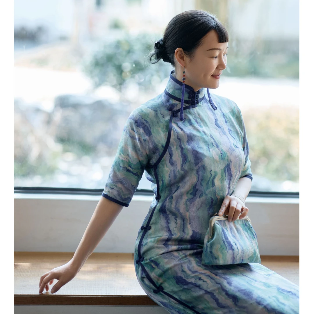 美如意非遗传统旗袍 蓝白水纹旗袍时尚夏季日常中国风