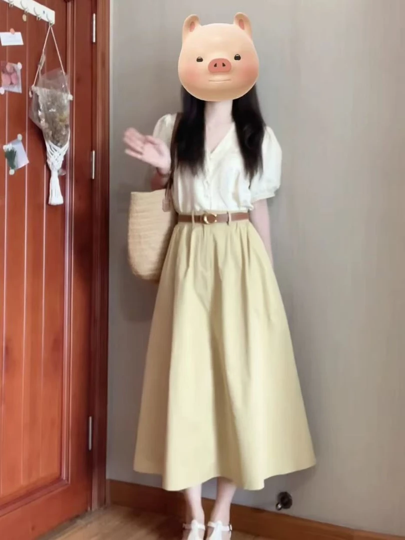 夏季搭配一整套小个子简约休闲独特衬衫盐系通勤气质半身裙套装女