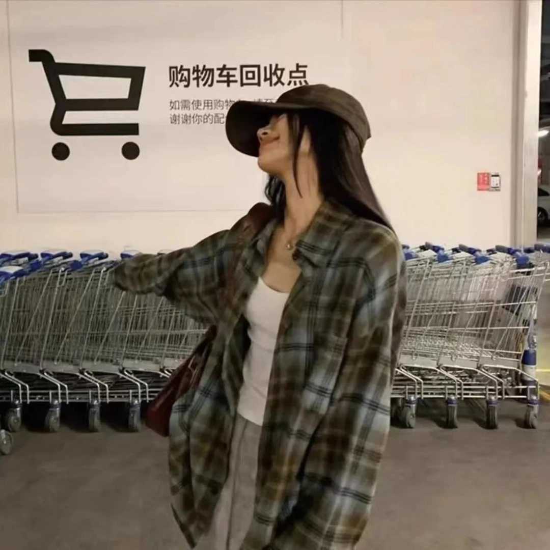 学院风中长款韩版慵懒风时尚百搭格子衬衫宽松显瘦百搭设计感