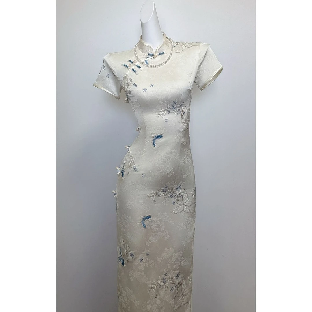 【9923】米白色旗袍改良新中式修身夏季国风刺绣连衣裙清冷感日常