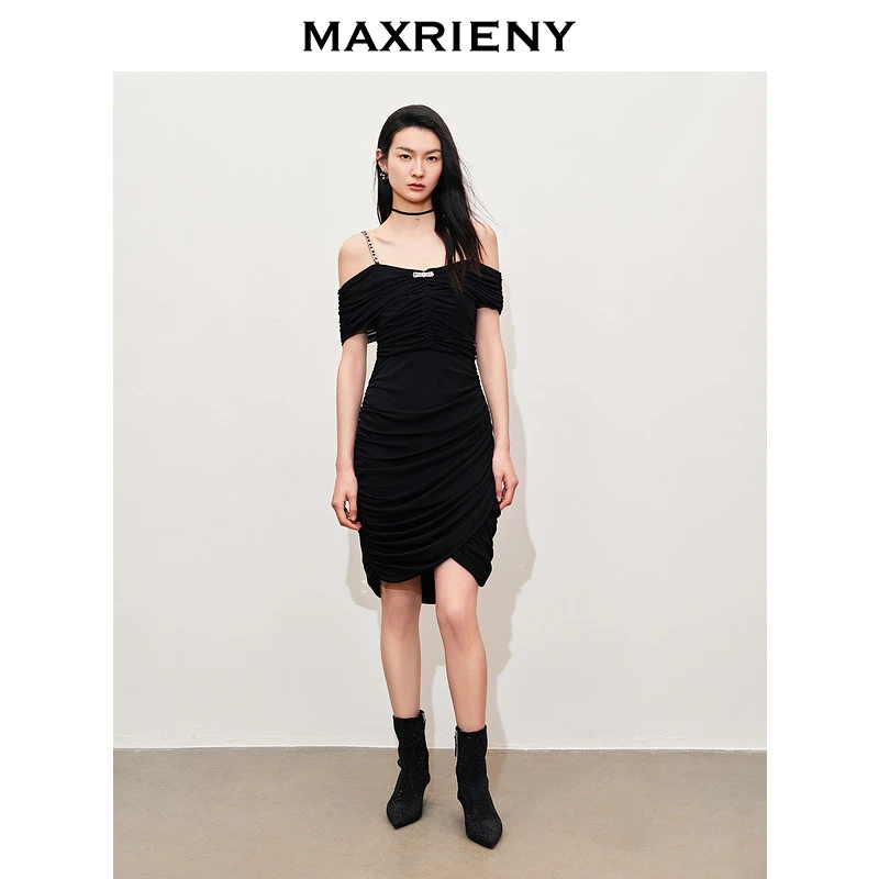 【蜜思仝】精致派对抽褶一字肩吊带连衣裙高级气质感女装修身显瘦