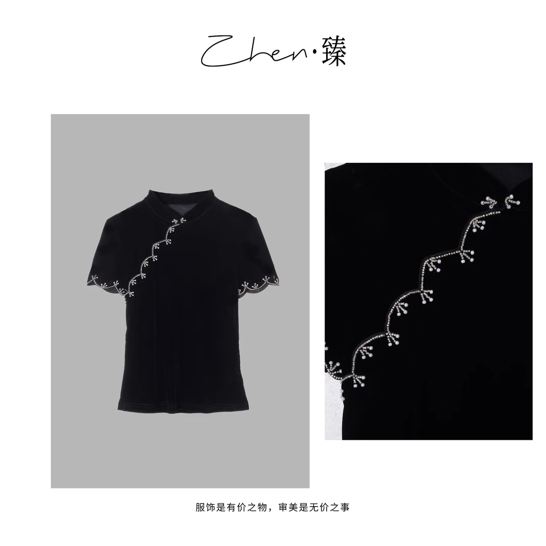 ZHEN.臻 新中式立领斜襟刺绣钉珠碎花丝绒短袖显瘦T恤DX8565Z