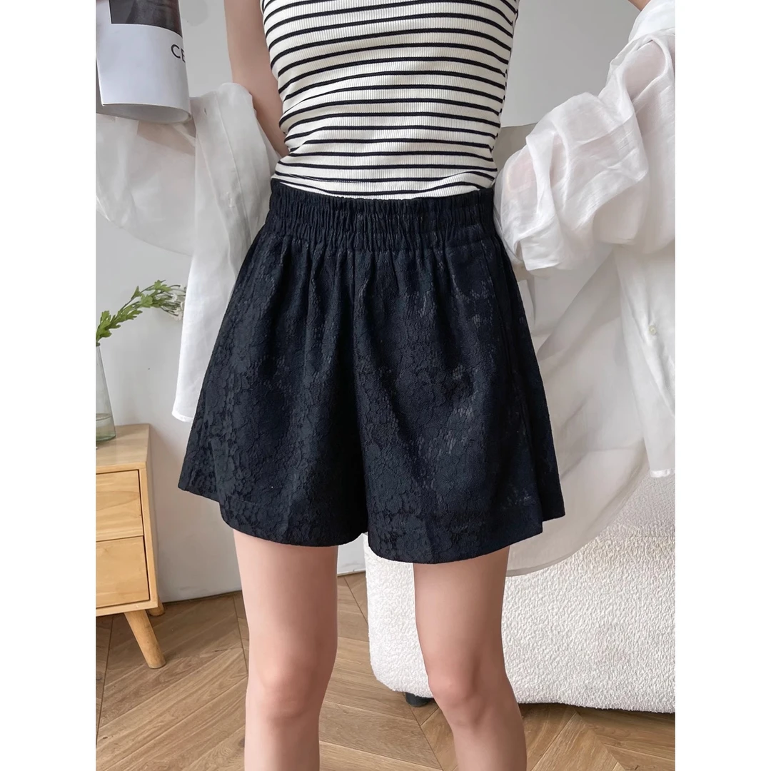 黑色休闲短裤女外穿夏季提花松紧腰小个子高腰宽松直筒阔腿a字裤