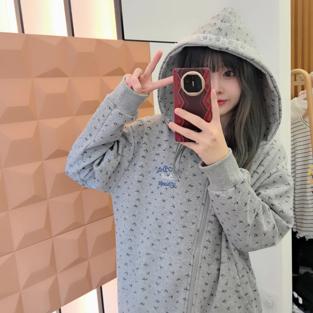 25秋冬韩代 美式复古小碎花蕾丝连帽拉链开衫卫衣宽松休闲外套