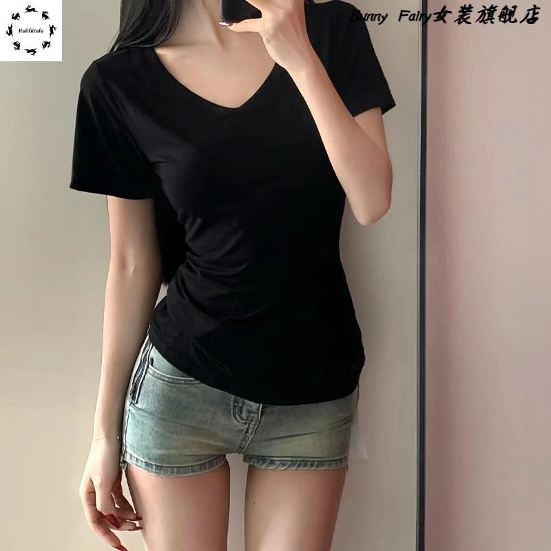 v领正肩女t恤短袖修身显瘦遮肚子夏季设计感小众黑色掐腰紧身上衣