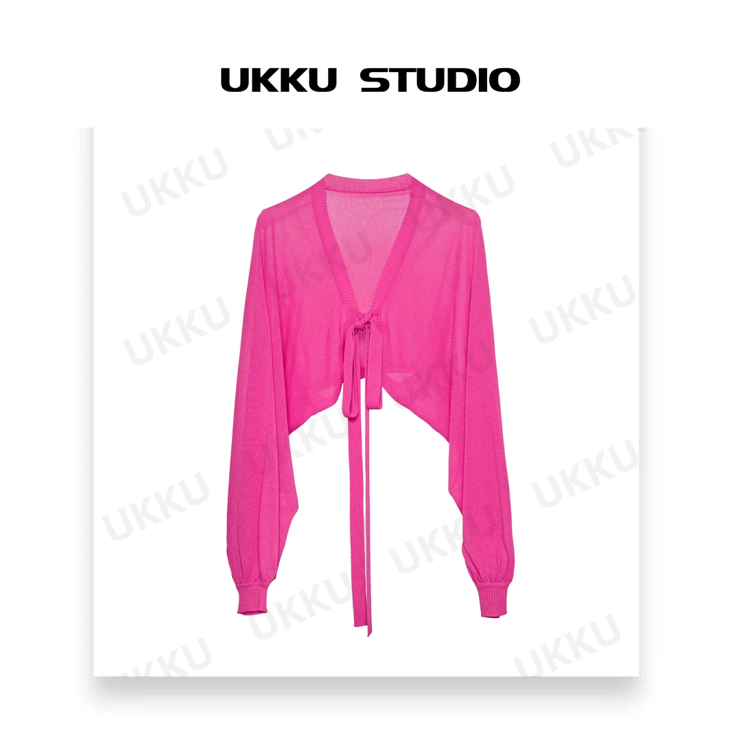 牛【BASSIRIANA】法式套袖夏季针织开衫薄款女玫红色披肩外套210770