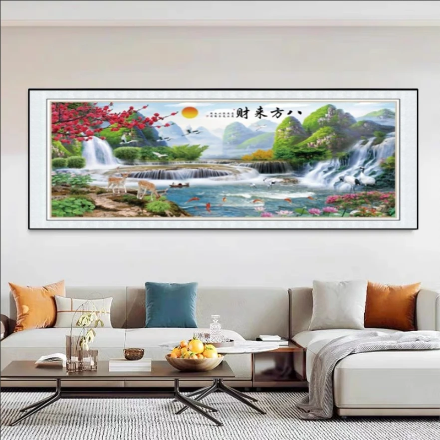 （新中式山水画 横幅画 ）客厅沙发背景墙壁画晶瓷晶钻装饰挂画
