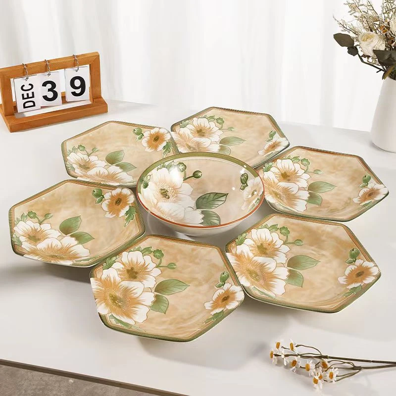 【破损包赔】复古山茶花6+1拼盘套装家用陶瓷餐具高温釉下彩网红盘