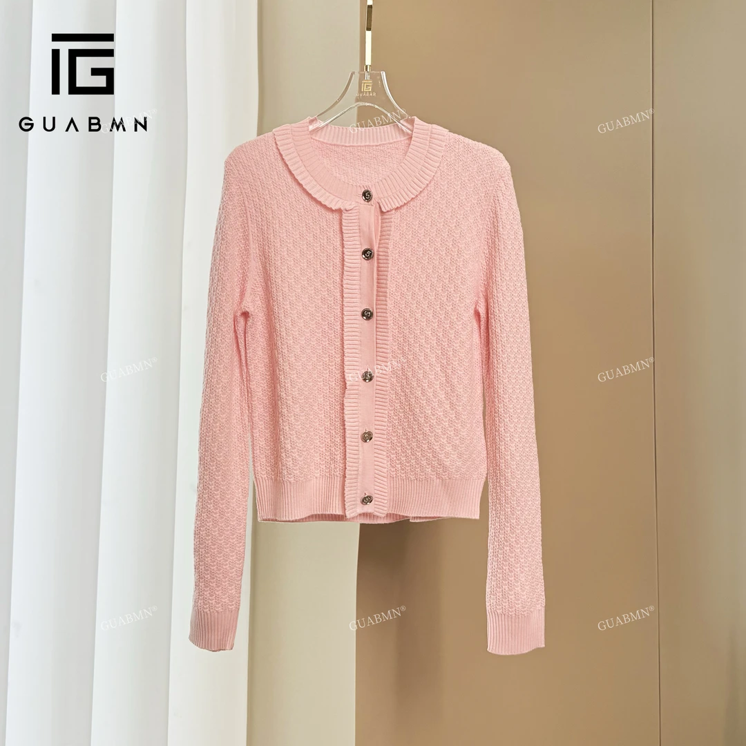 GUABMN2025春季新款小香风提花针织领甜美开衫毛衣女3889