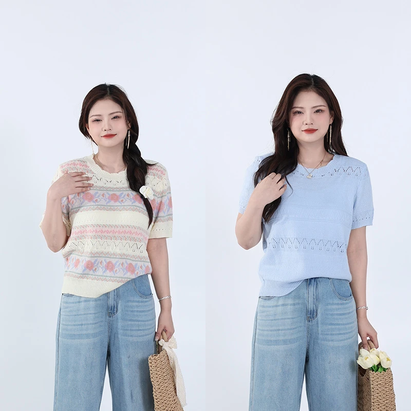 QC李潇洒【夏夜梦令】微胖气质百搭钩花针织短袖405Q53