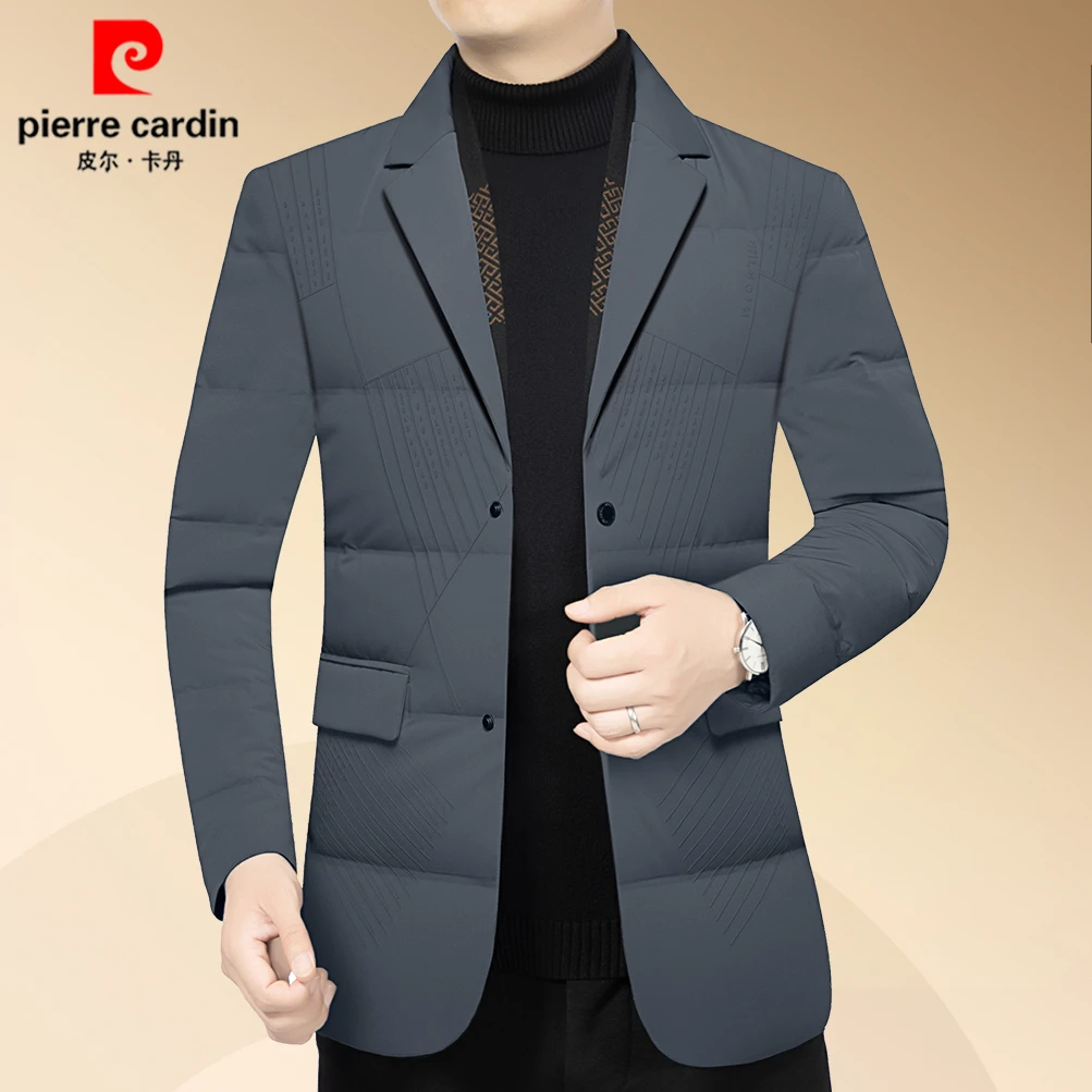 皮尔卡丹冬季新款高档男士围巾西装领羽绒服中年商务保暖外套