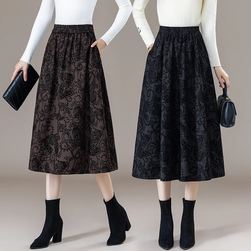 2025年新款复古印花半身裙女秋冬宽松显瘦百搭a字裙清冷气质长裙