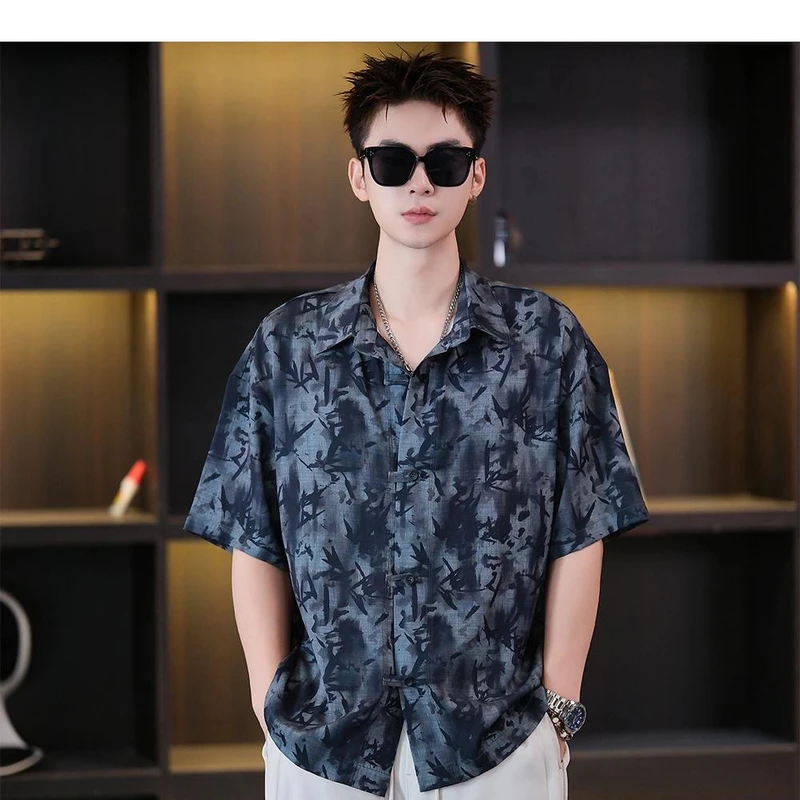 夏季男士国风扎染竹叶印花宽松薄款透气休闲短袖衬衫8866