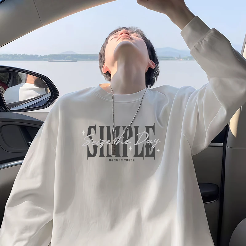 【重磅纯棉】百搭休闲长袖时尚T恤男士圆领美式字母印花宽松打底衫