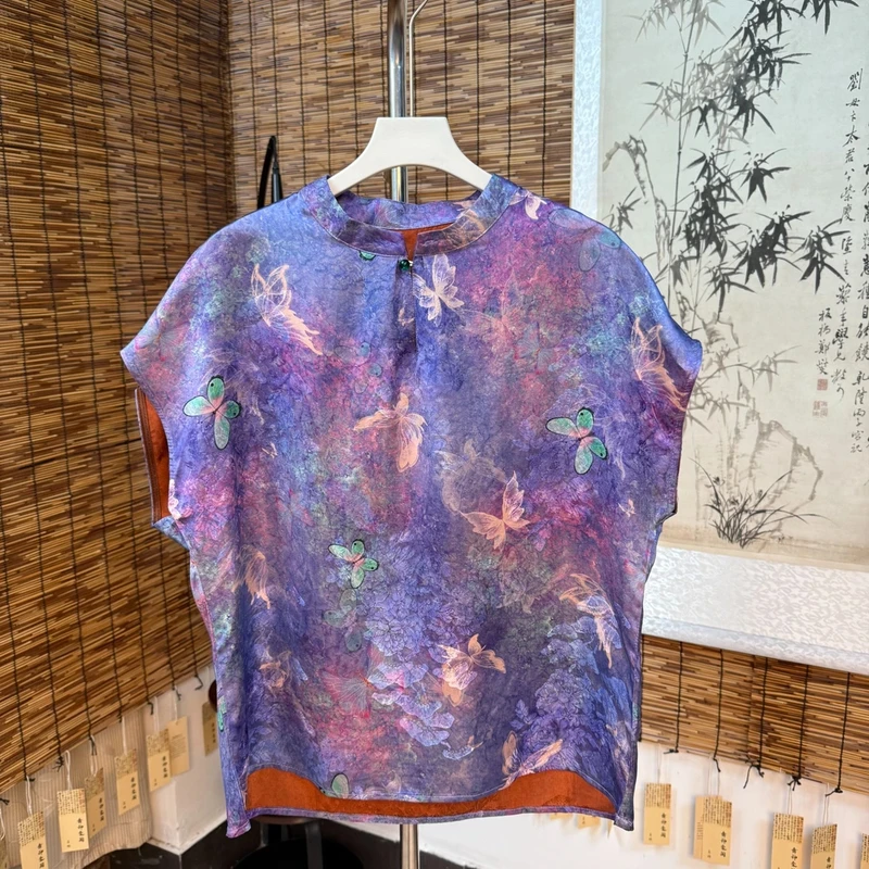 【紫竹语嫣1317】常规款无袖蝴蝶新中式T恤水墨紫色提花扎染国风