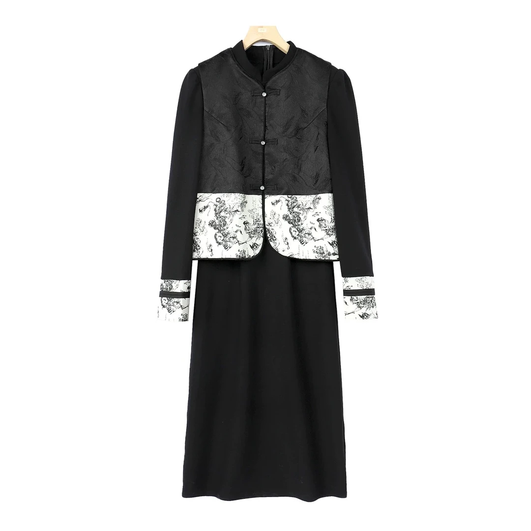 Hello Hi盘扣水墨连衣裙马甲两件套