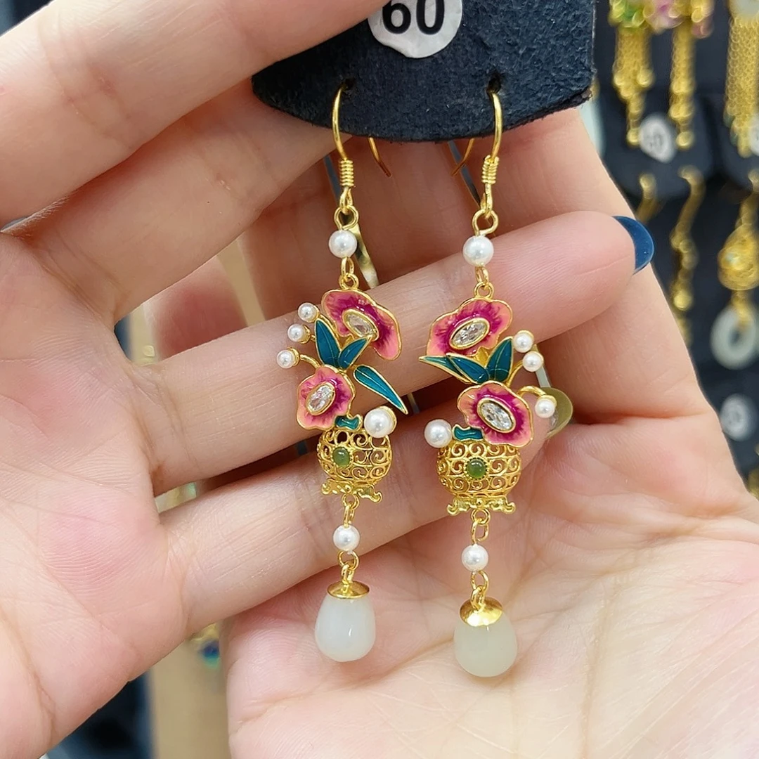 和田玉银S925镀金镶嵌耳饰