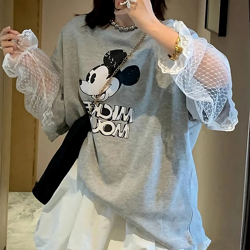2025春夏新款减龄卡通米奇蕾丝拼接假两件T恤女休闲韩系穿搭上衣