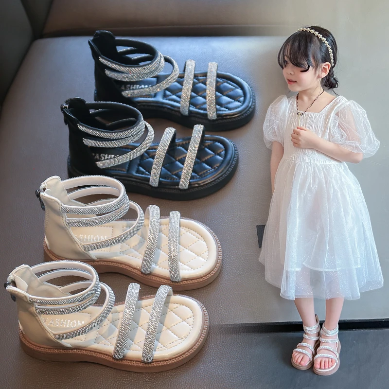 女童罗马凉鞋夏新款小女孩水钻公主凉鞋软底中大童宝宝高帮沙滩鞋
