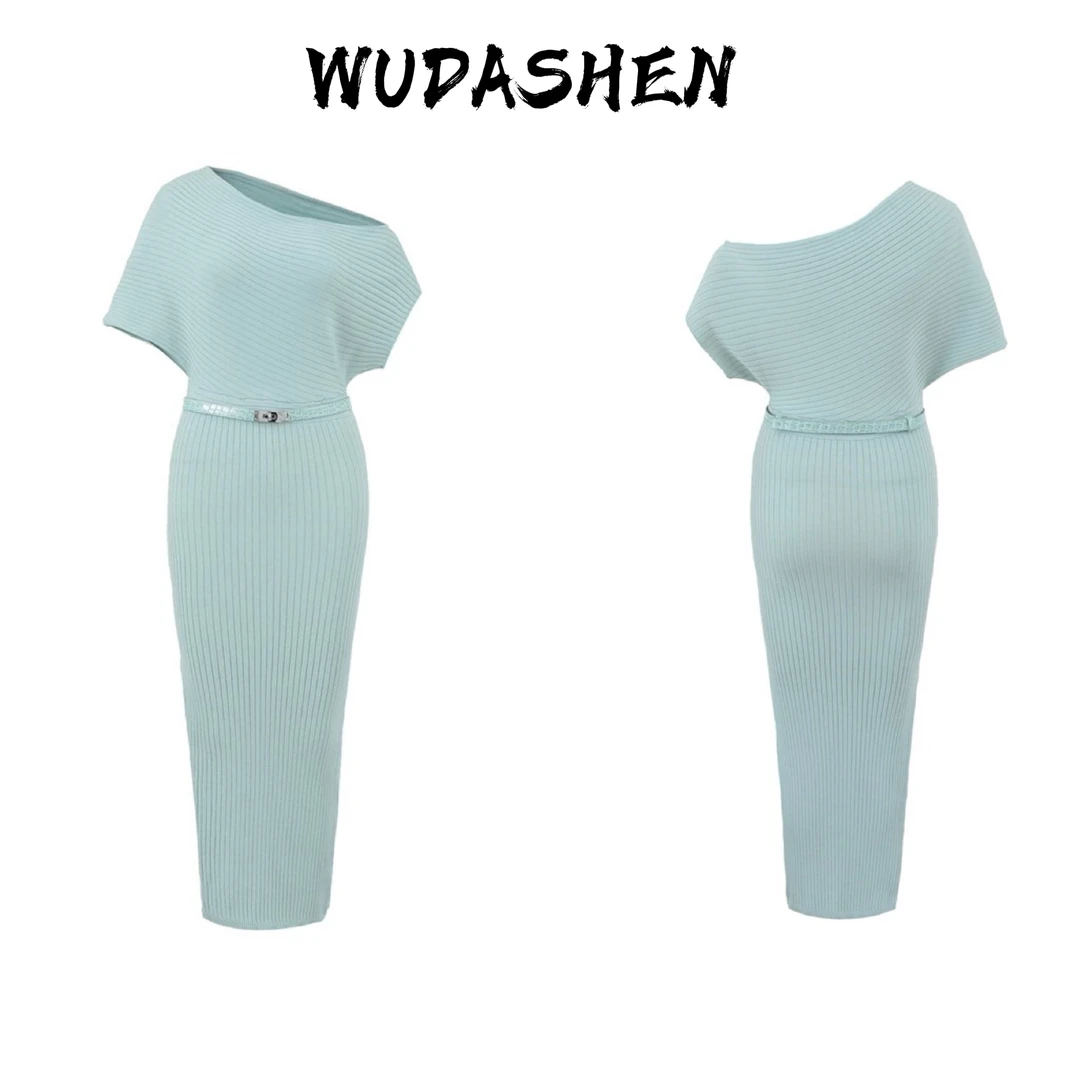 【你伍老板娘】“蓝调设计”自带皮带斜肩小飞袖包臀长款连衣裙