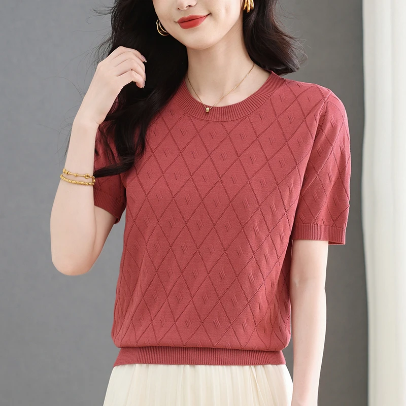 菱格短袖t恤女夏季时尚薄款冰丝上衣百搭减龄气质显瘦针织衫新款